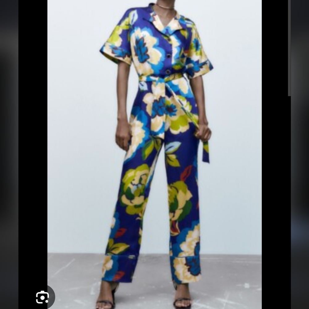 Zara Blue and Green Jumpsuit with Flutter Sleeves and Wide-Leg Pants